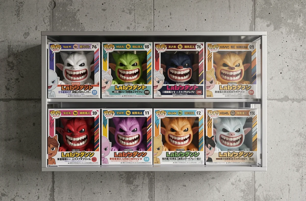 Collection de figurines Labubu dans une vitrine murale en béton d'un appartement moderne, présentant différentes versions avec fourrure colorée et packaging d'origine