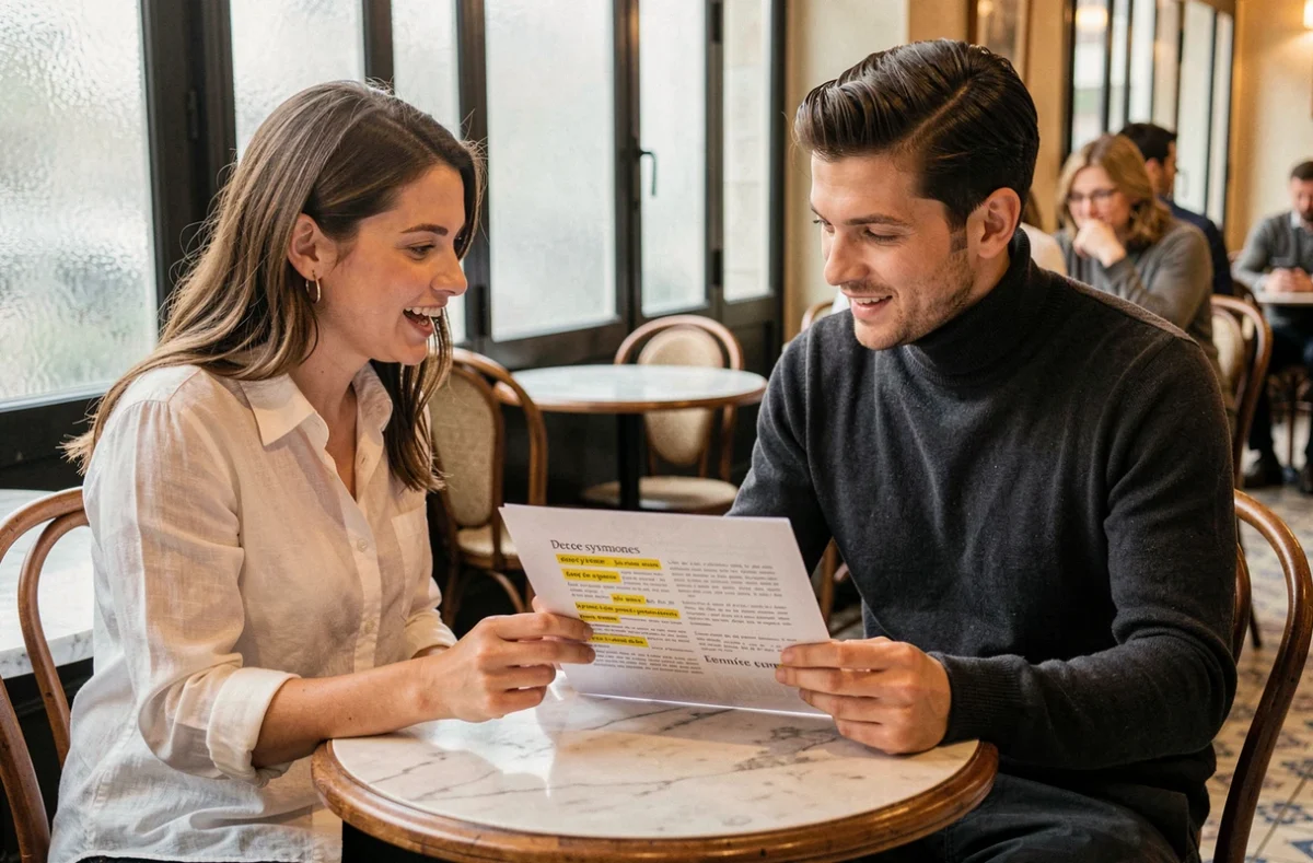 Deux collègues discutant des synonymes du mot verbatim autour d'un article dans un café parisien