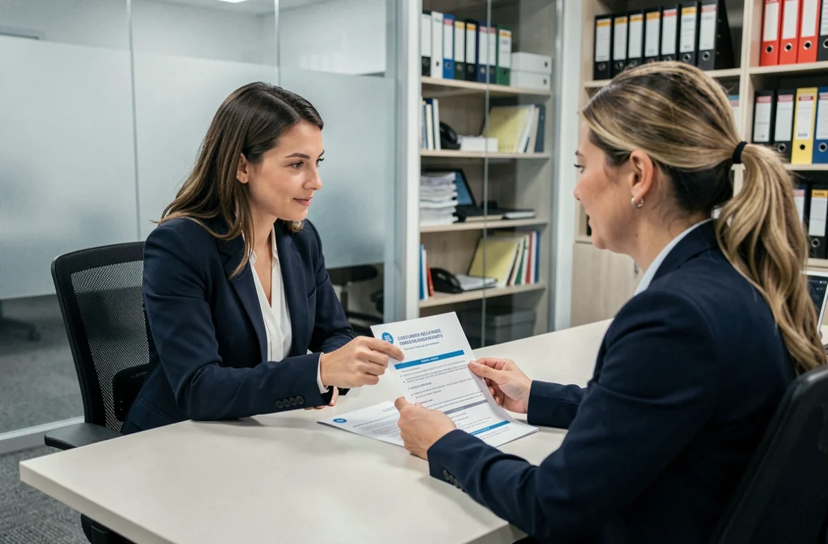 Conseillère expliquant les droits et procédures de remboursement à un client dans un bureau professionnel, avec document imprimé sur le bureau