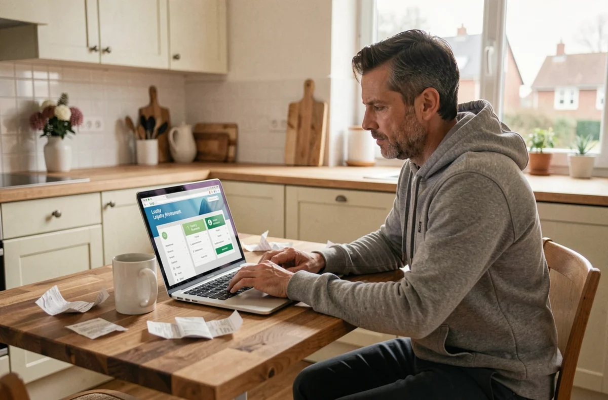 Homme consultant son programme de récompenses Intermarché sur un ordinateur portable avec des tickets de caisse sur la table