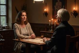 Femme consultant une voyante dans un cabinet de consultation sobre et authentique, regard sceptique mais attentif