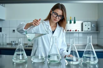 Femme en blouse de laboratoire versant 5 litres d'eau depuis un grand pichet gradué dans cinq béchers de 1000 ml sur une paillasse en acier inoxydable