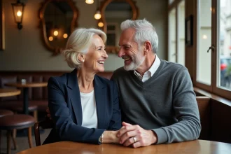 Couple élégant assis dans un café parisien, illustrant une histoire d'amour durable et complice