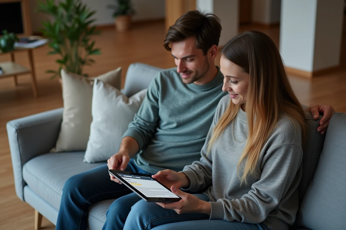 Couple consultant un site d'avis et de notes sur une tablette dans leur salon pour acheter en toute confiance