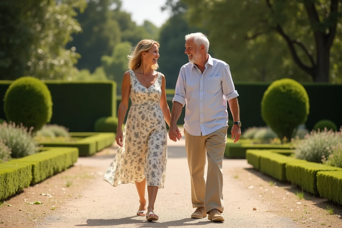 Couple complice se promenant dans un jardin à la française, symbolisant une longue histoire d'amour partagée