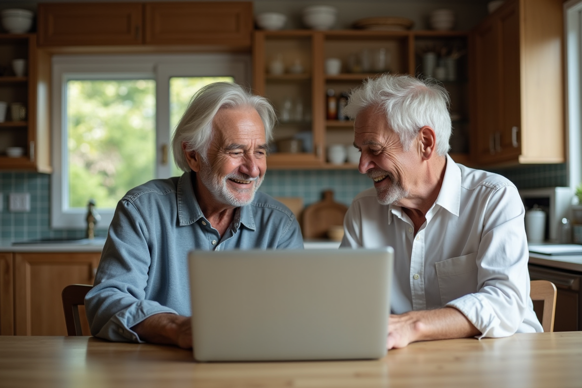 Couple retraité discute de finances sur un ordinateur à la maison