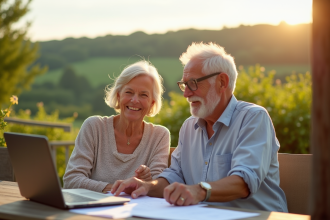 Couple de retraités souriants sur une terrasse en campagne