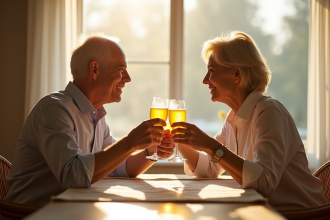 Couple mature souriant en trinquant avec des verres de jus pétillant