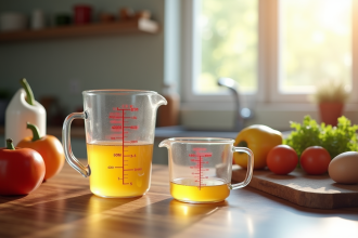 Plan de travail cuisine avec un verre mesureur de 400 ml et ingrédients