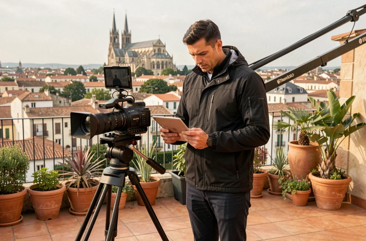 Cyril Armada, vidéaste, vérifiant des images sur une tablette sur une terrasse avec vue panoramique sur Toulouse