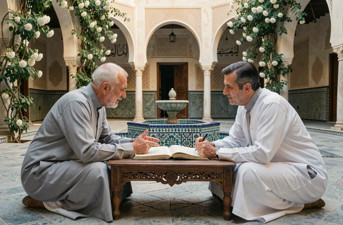 Deux érudits islamiques en discussion académique dans une cour traditionnelle andalouse ornée de zellige, symbolisant le débat intellectuel entre les imams du fiqh sunnite comme Malik ibn Anas et ses contemporains
