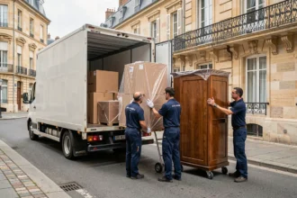Équipe de déménageurs professionnels chargeant un camion dans une rue de Tours