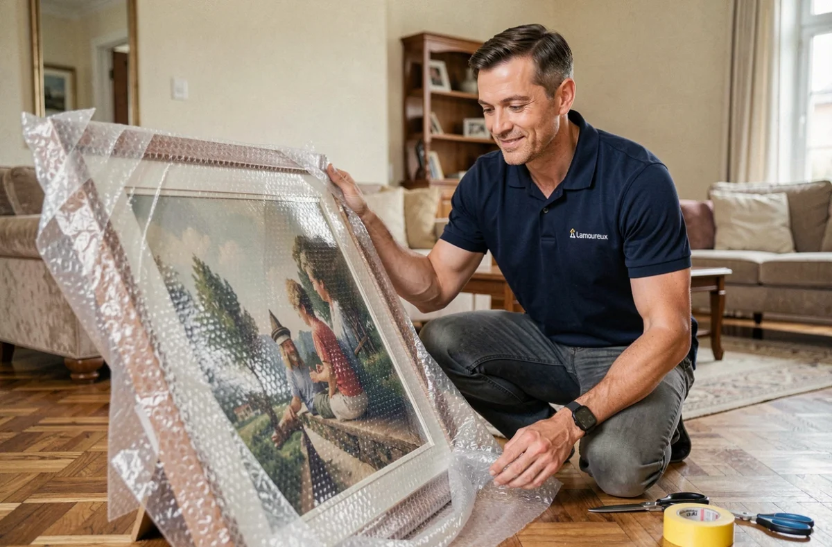 Déménageur Lamoureux emballant soigneusement un tableau dans un salon