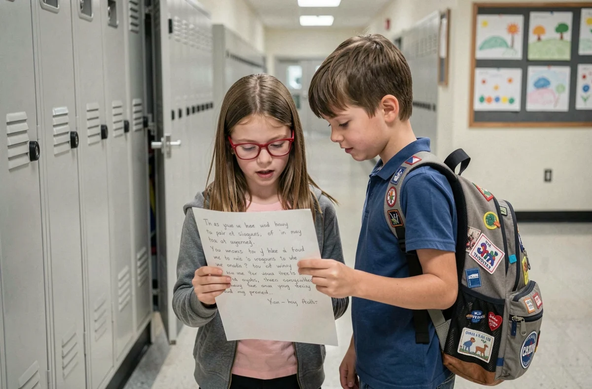 Deux élèves de CM2 lisant ensemble un poème sur la rentrée dans le couloir de leur école