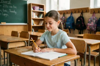 Écolière de CM2 lisant un poème dans son cahier en classe, préparation douce à l'entrée au collège