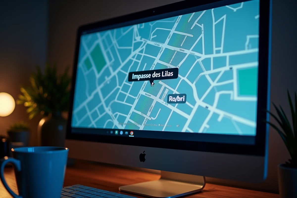Écran d'ordinateur affichant une carte en ligne avec l'impasse des Lilas mise en évidence dans un réseau de rues urbaines