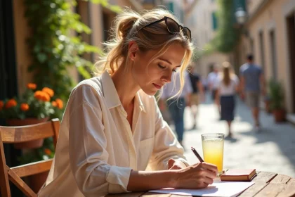 Femme écrivant une carte postale en vacances avec un dictionnaire français sur une terrasse ensoleillée