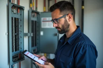 Électricien professionnel consultant un calculateur de charge électrique sur tablette devant un tableau électrique résidentiel