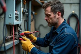 Électricien utilisant un multimètre sur un boîtier de jonction en atelier industriel, erreurs d'utilisation à éviter
