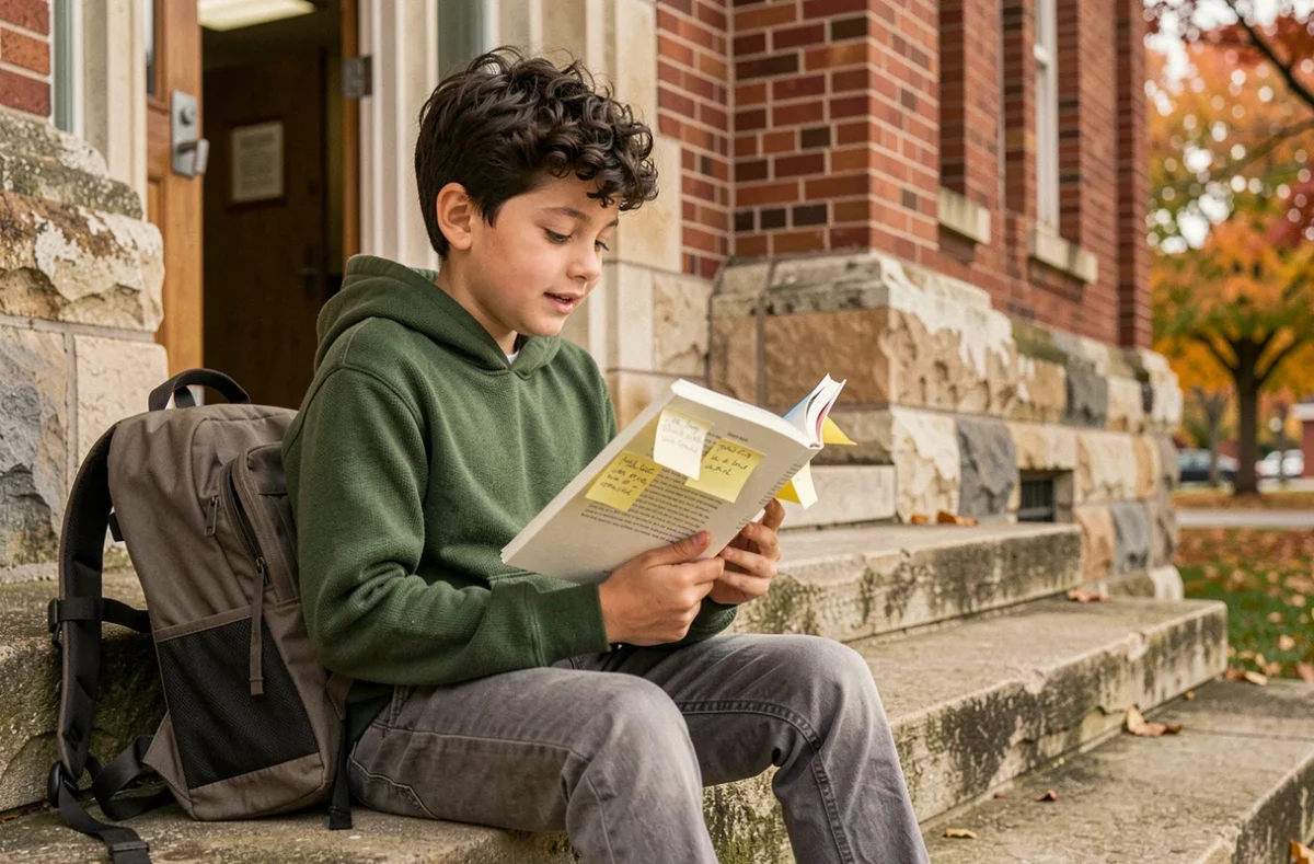 Élève de CM2 assis sur les marches de l'école avec un livre de poèmes, symbolisant la transition vers le collège