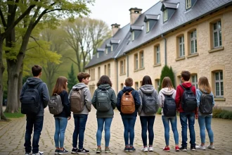 Élèves devant un collège normand en pierre dans le département de l'Orne, carte scolaire Orne