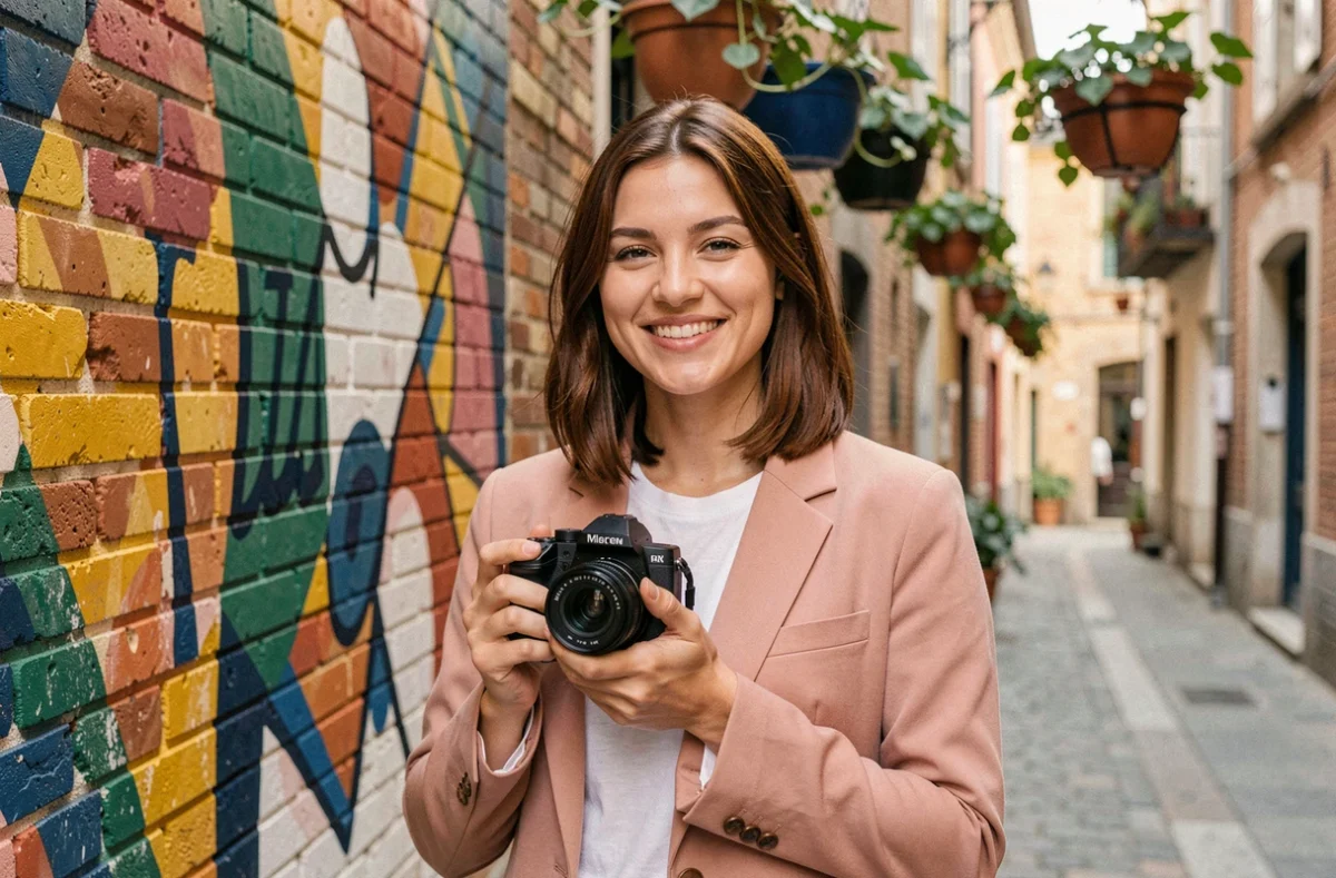 Elsa Favarcq, vidéaste indépendante, posant avec sa caméra devant une fresque colorée dans un quartier créatif de Toulouse