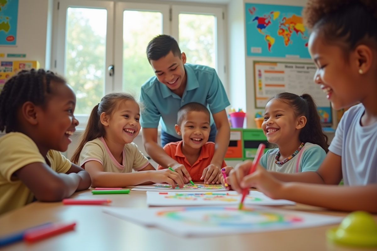 Enfants souriants de diverses cultures en classe colorée