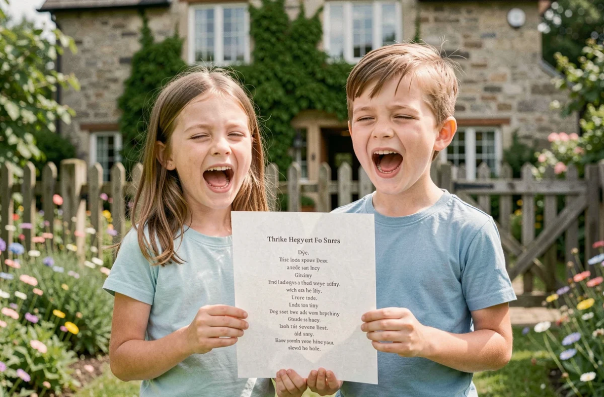 Deux enfants chantant la comptine La maison de ma tante dans un jardin avec une maison en pierre en arrière-plan