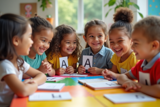Groupe d'enfants diversifiés dans une salle de classe colorée