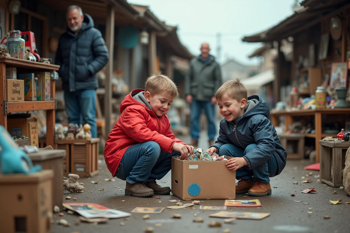 Enfants découvrant des jouets anciens et bandes dessinées dans un troc et puces familial en Bretagne sous un ciel nuageux