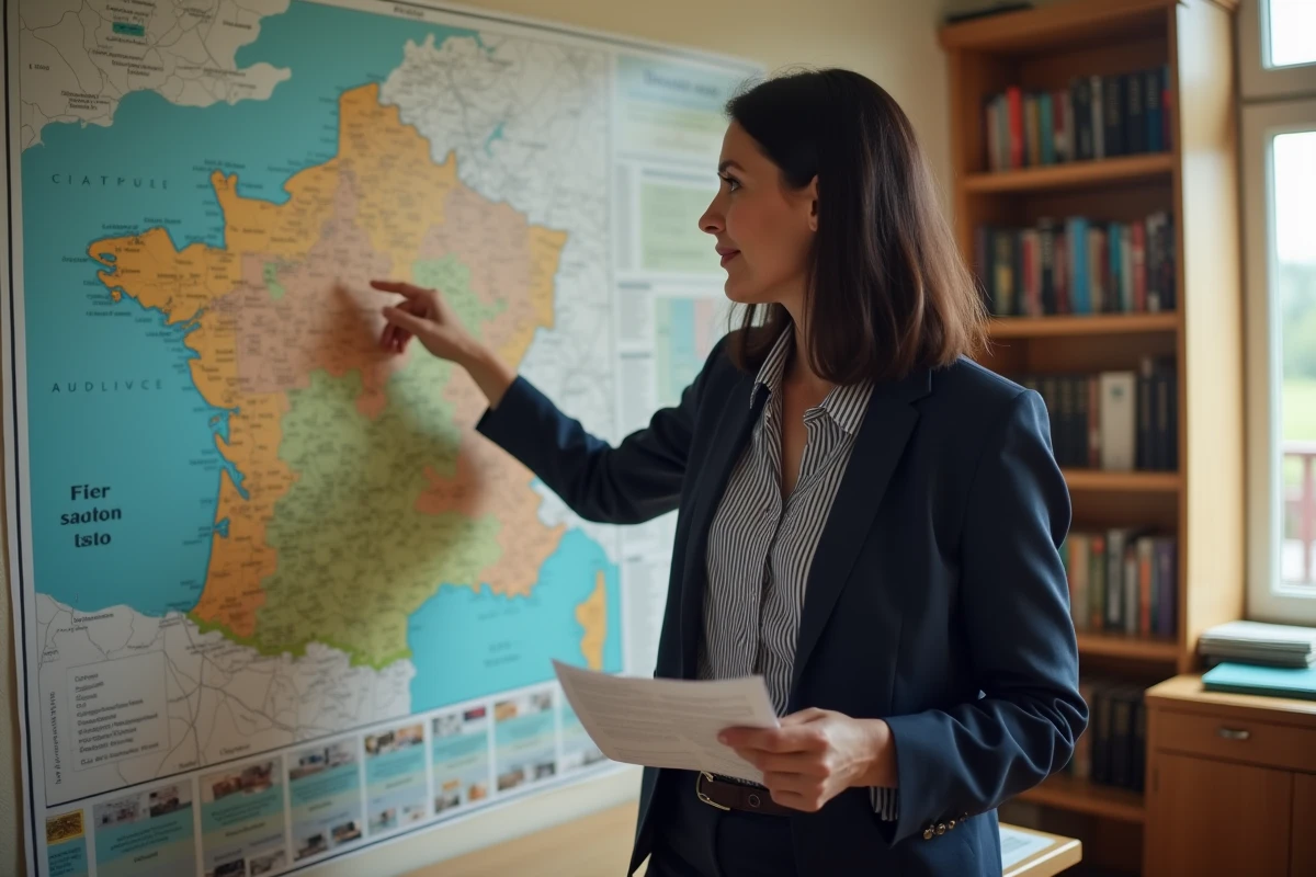 Enseignante consultant la carte scolaire du département de l'Orne avec secteurs de collèges et lycées