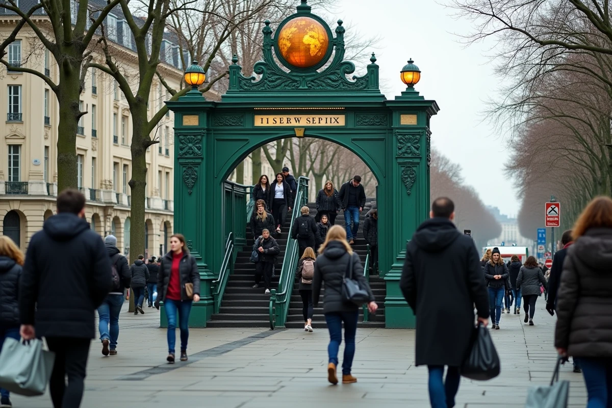 Entrée d'une station de métro ligne 4 à Paris avec des navetteurs qui s'engouffrent le matin