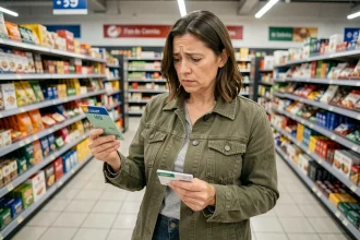 Femme examinant sa carte de fidélité Intermarché dans un rayon de supermarché avec des tickets de caisse à la main