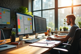 Espace de travail moderne avec quatre stations distinctes