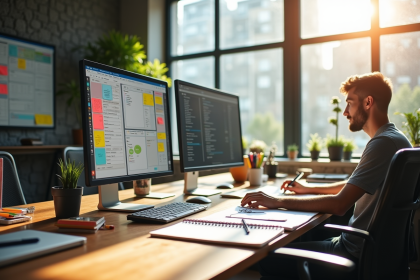 Espace de travail moderne avec quatre stations distinctes