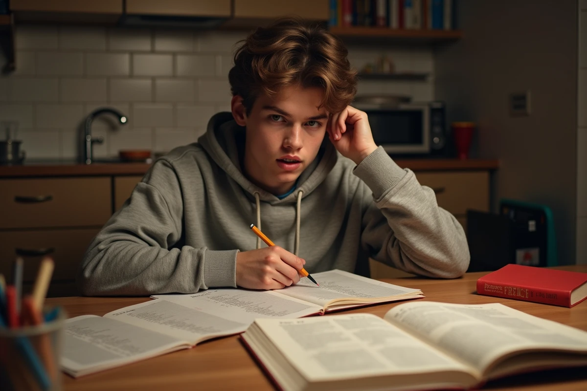 Étudiant révisant ses copies de français avec dictionnaire et manuel de grammaire à la maison
