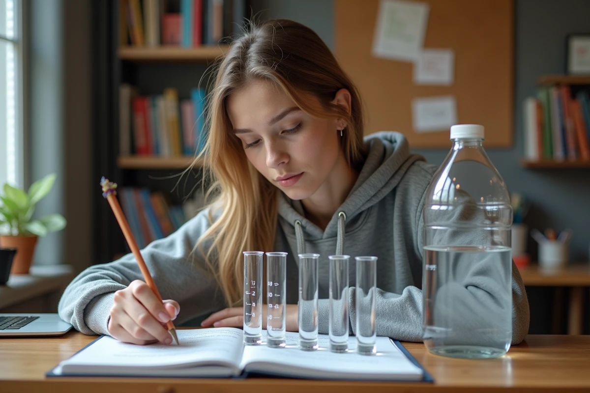 Jeune femme à son bureau travaillant sur un cahier de conversion avec cinq éprouvettes de 1000 ml et une grande bouteille de 5 litres