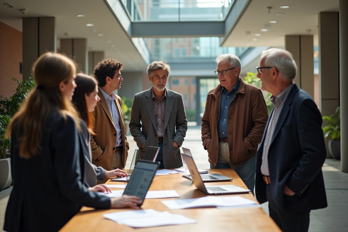 Groupe d'étudiants et professeurs en discussion dans un atrium universitaire
