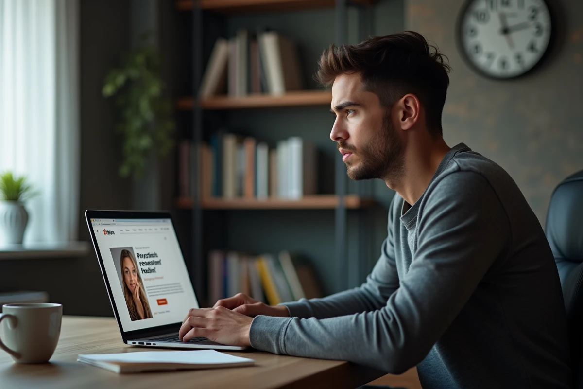 Homme évaluant un site de voyance en ligne avec un regard critique, assis à son bureau à domicile