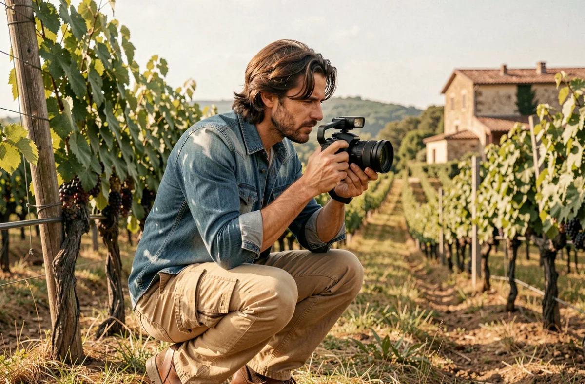 Fabien Sans, vidéaste, filmant en plan bas dans un vignoble en Haute-Garonne avec un stabilisateur de caméra