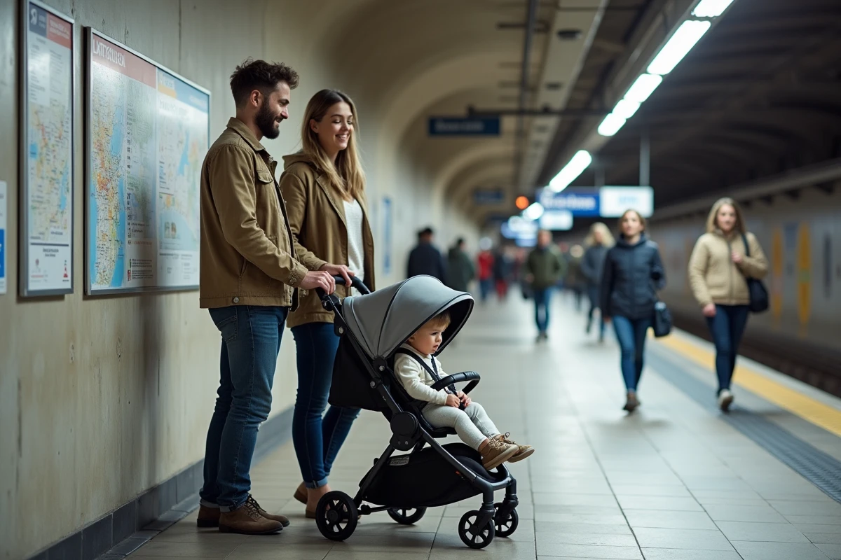 Jeune couple avec un tout-petit dans le métro de Toulouse