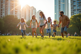 Famille heureuse jouant dans un parc vert en ville