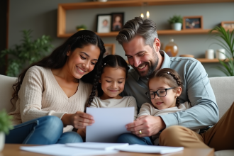 Famille recomposée souriante sur un canapé dans un salon chaleureux