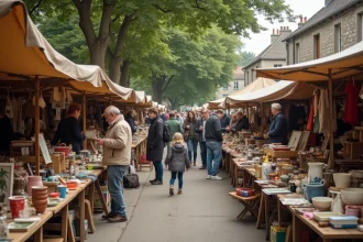 Famille se promenant dans un vide-grenier en plein air en Bretagne avec des tables couvertes d'objets vintage et de jouets rétro