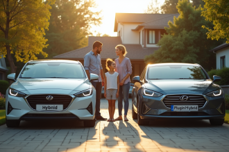 Famille moderne comparant une voiture hybride et une plugin hybride sur une allée ensoleillée