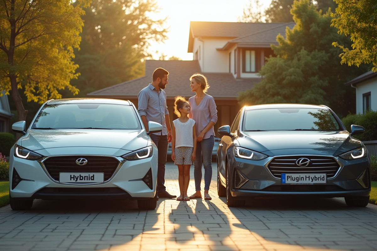 Famille moderne comparant une voiture hybride et une plugin hybride sur une allée ensoleillée