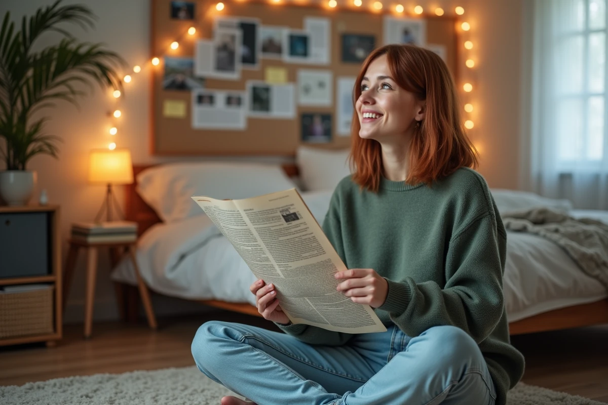 Jeune femme créant un tableau de fan art consacré à Jackson Rathbone avec articles et photos imprimées dans une chambre