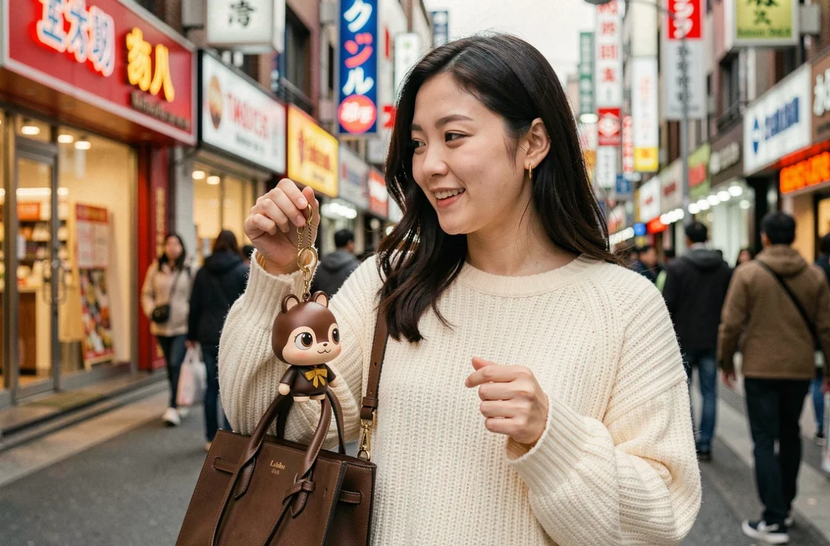 Jeune femme asiatique tenant un porte-clés Labubu accroché à son sac de luxe dans une rue animée d'une métropole asiatique avec enseignes lumineuses en arrière-plan