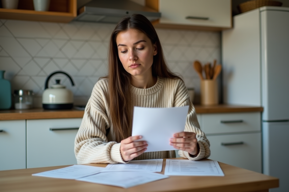 Jeune femme à la cuisine examine ses dépenses