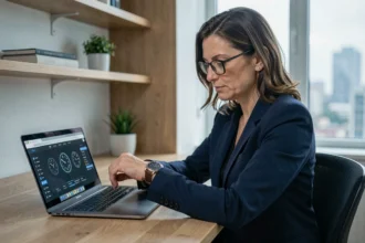 Femme professionnelle consultant sa montre et un world clock sur ordinateur portable depuis son bureau à domicile pour planifier un appel avec Singapour